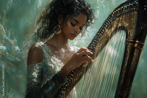 Woman playing harp with vibrant colors and intricate background