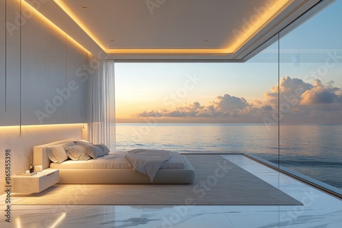 Serene bedroom overlooking ocean with minimalist design at sunrise in a coastal setting photo