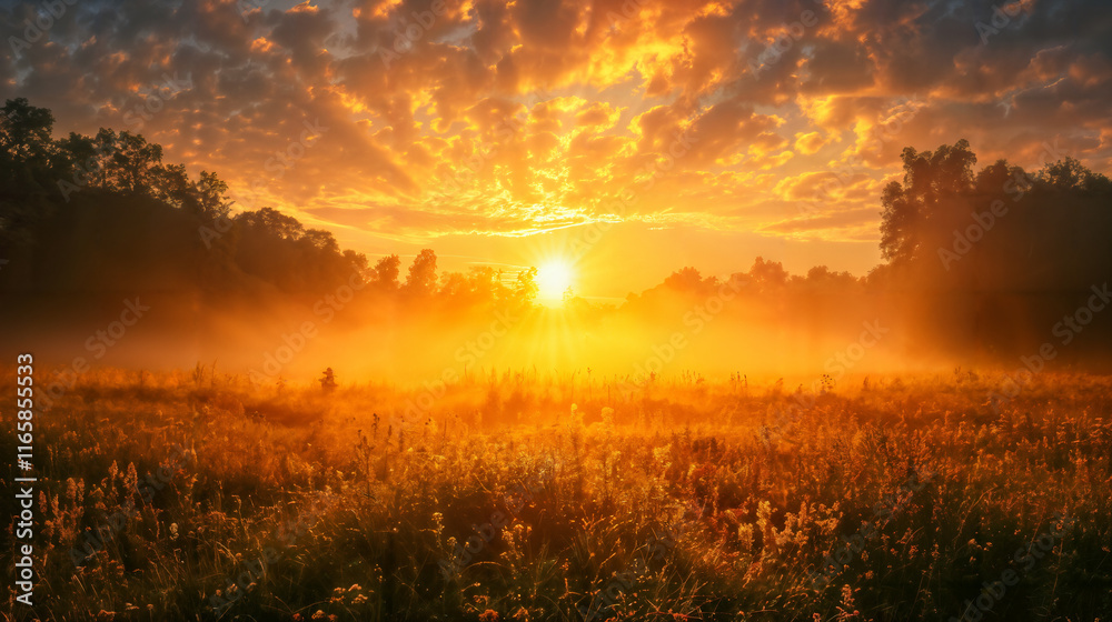 Fototapeta premium Sunrise Over a Misty Meadow With Vibrant Clouds