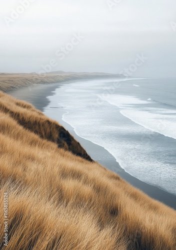 Coastal landscape with grassy cliffs and gentle waves at dusk