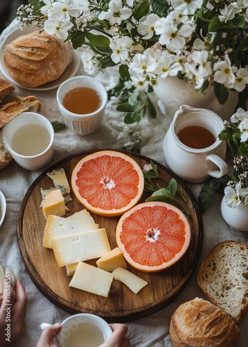 Delicious cheese and grapefruit platter with tea on a rustic wooden table