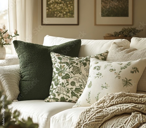 Cozy living room with green decorative pillows and a knitted throw blanket in...