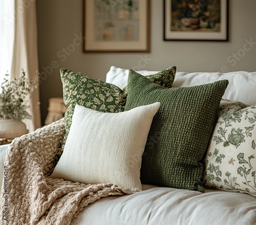 Cozy living room with green decorative pillows and a knitted throw blanket in...