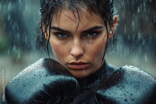 Female boxer training in snowy conditions with determination and focus in the...