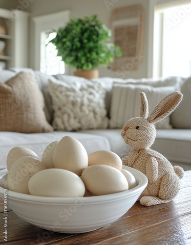 Easter decor with eggs and a bunny figure in a cozy home setting