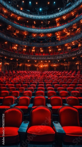 Empty theater with vibrant lighting and rows of seats in a modern cinema envi...