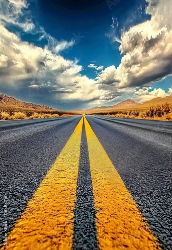 Long stretch of deserted road under a dramatic sky with scattered clouds in t...