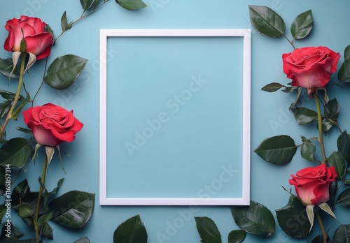 Elegant floral frame adorned with pink roses and green leaves on a blue backg...