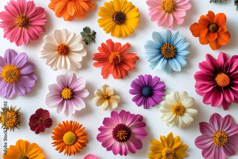 Colorful arrangement of various flowers on a white background showcasing natures beauty Colorful arrangement of various flowers on a white background showcasing natures beauty