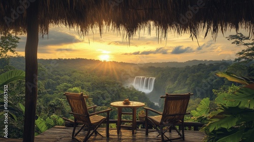 Stunning sunset over tropical waterfall with tranquil seating area in lush ra...