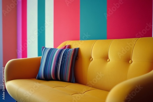 Bright yellow couch with colorful striped wall in modern living room decor