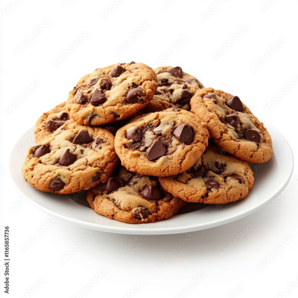 Freshly baked chocolate chip cookies stacked on a white plate, perfect for desserts or snacks any time of day Freshly baked chocolate chip cookies stacked on a white plate, perfect for desserts or snacks any time of day