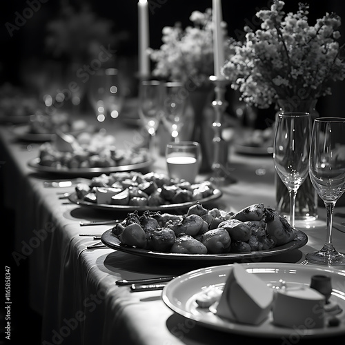 Elegant Black and White Dining Experience Featuring a Lavish Table Set with Delicious Dishes