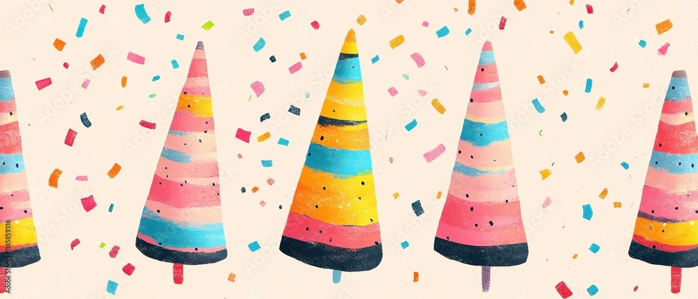 Colorful ice cream cones with festive sprinkles on a light background. Colorful ice cream cones with festive sprinkles on a light background.