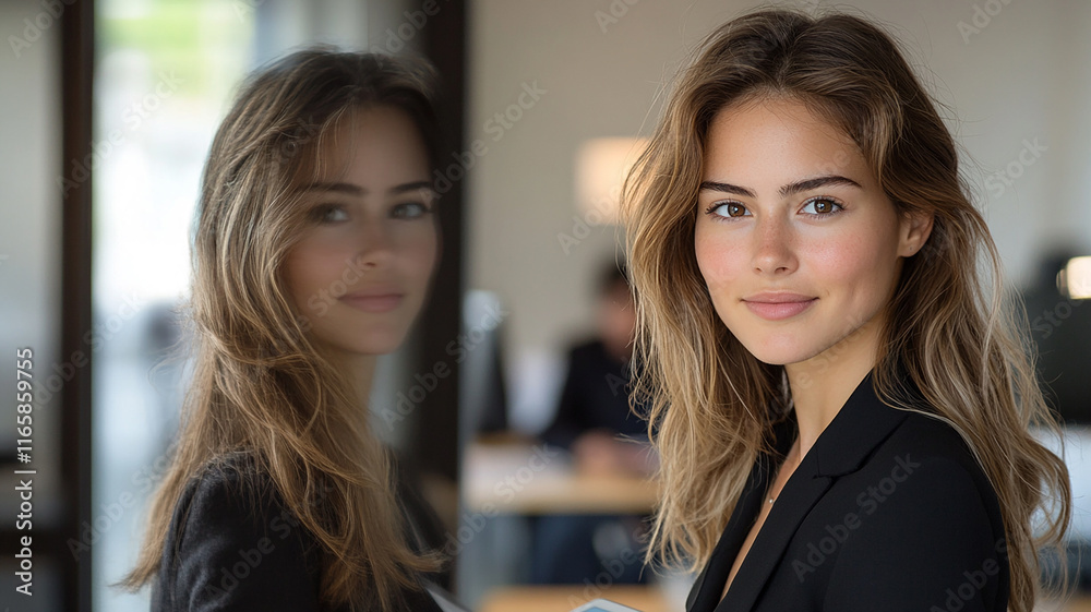 A confident young professional woman in a modern office environment, radiating elegance and success with a bright smile and a poised demeanor, ideal for business or workplace-related themes. A confident young professional woman in a modern office environment, radiating elegance and success with a bright smile and a poised demeanor, ideal for business or workplace-related themes.