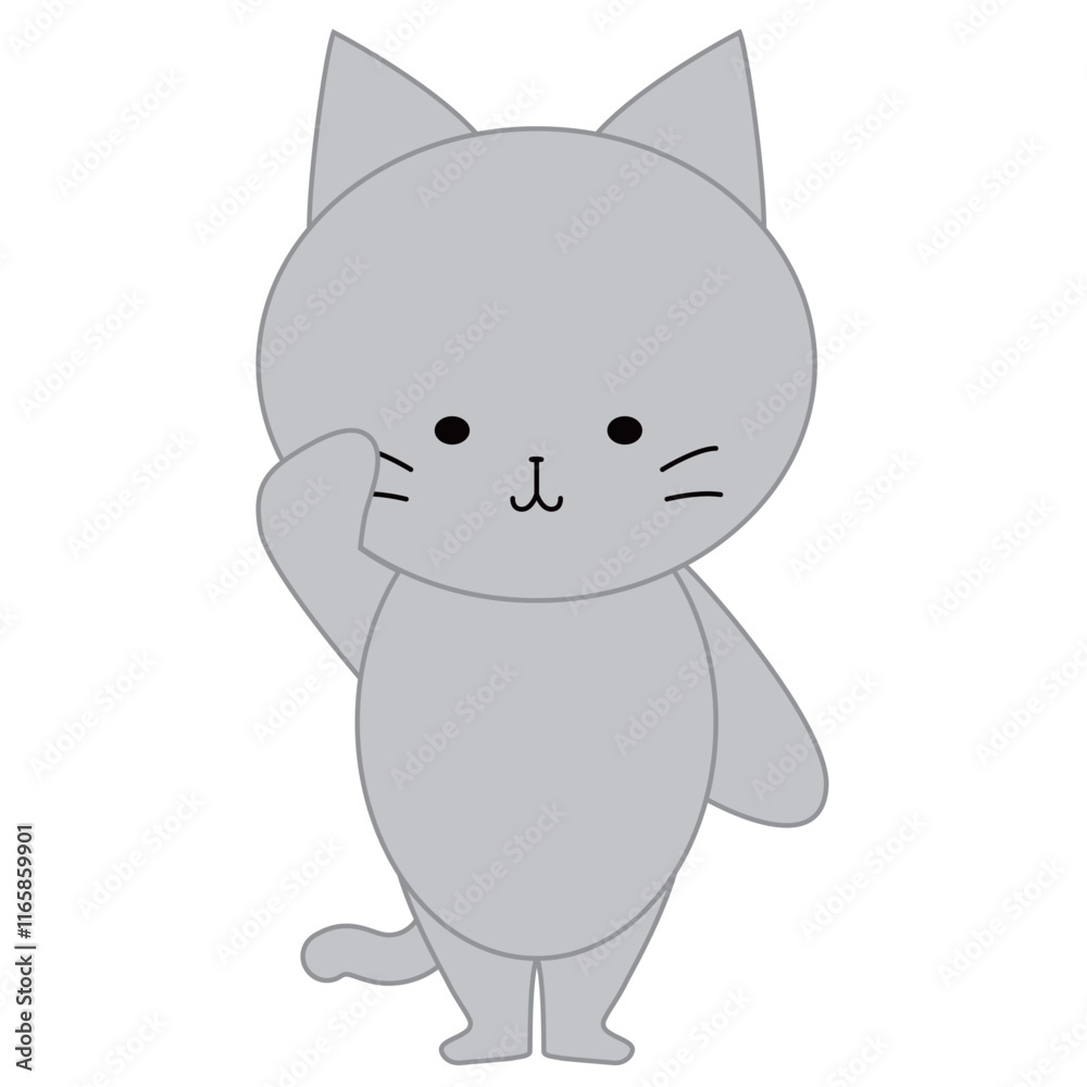 敬礼をするかわいい灰色猫のイラスト