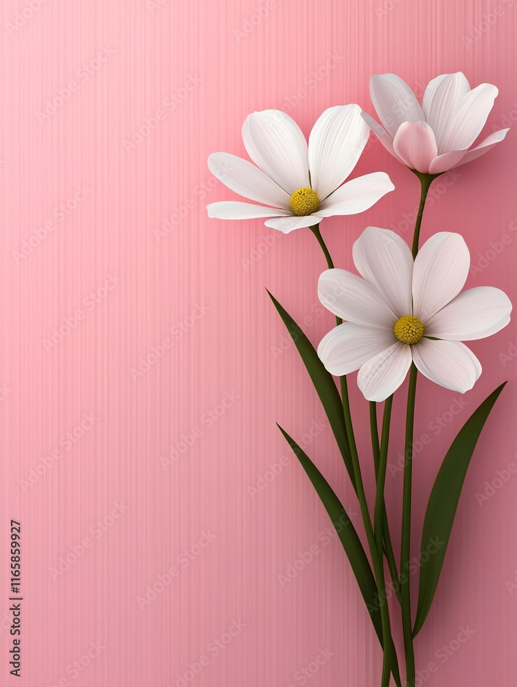 Valentine's Day Pretty Pink Background with Three White Flowers Spring Floral Design Valentine's Day Pretty Pink Background with Three White Flowers Spring Floral Design