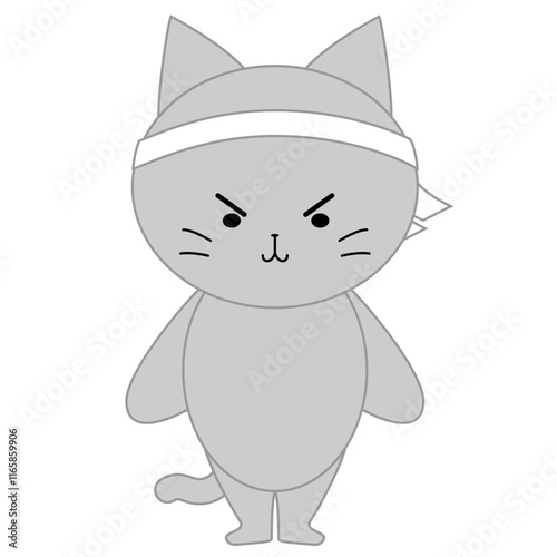 ハチマキをしたかわいい灰色猫のイラスト