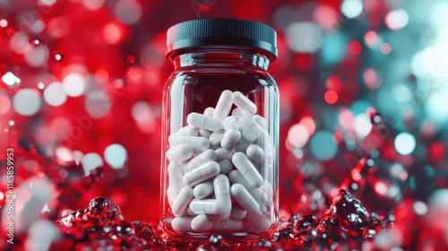 A captivating image of a clear capsule bottle filled with white pills, contrasting against a bright red background that stimulates intrigue and evokes health themes. photo