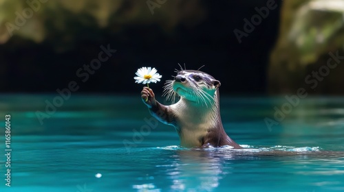 Otter Holding Flower in Water with Natural Daylight