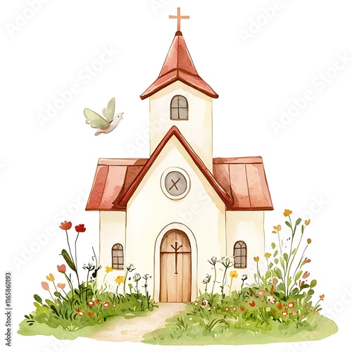 Watercolor illustration of a charming countryside church surrounded by wildflowers and a dove.