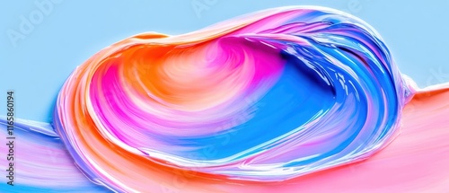 Colorful swirl of abstract paint, vibrant blend of pink, blue, and orange.