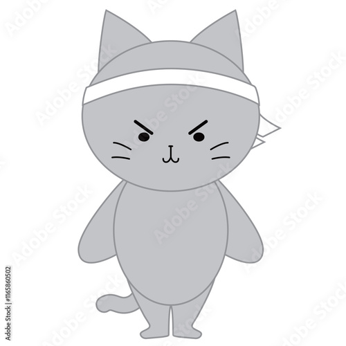 ハチマキをしたかわいい灰色猫のイラスト