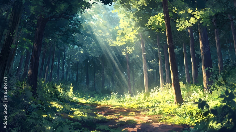 Obraz premium A serene forest with sunlight streaming through the trees, symbolizing harmony with nature and spiritual connection 