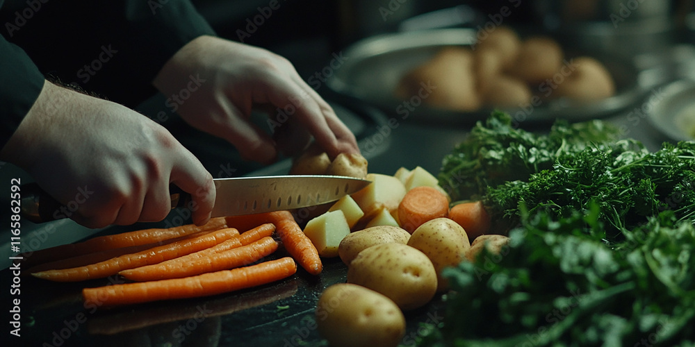 Hands of a chef slicing fresh carrots and potatoes on a wooden cutting board, showcasing the art of cooking and food preparation in a cozy kitchen setting Hands of a chef slicing fresh carrots and potatoes on a wooden cutting board, showcasing the art of cooking and food preparation in a cozy kitchen setting