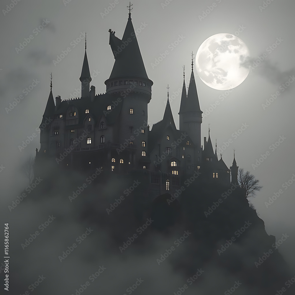 A Mysterious and Enigmatic Night View of a Gothic Castle Under a Full Moon Surrounded by Fog A Mysterious and Enigmatic Night View of a Gothic Castle Under a Full Moon Surrounded by Fog
