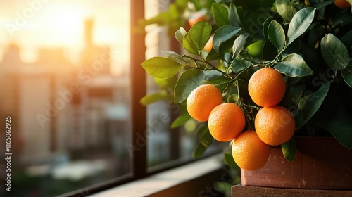 A cluster of vibrant oranges illuminated by warm sunlight, resting gently among rich green leaves, conveying a sense of abundance and joy in a serene urban environment. photo