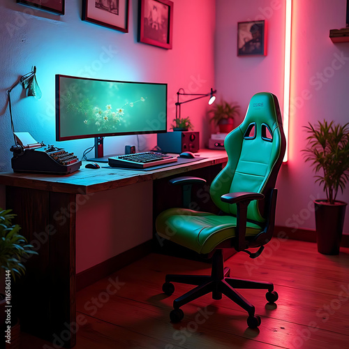 A Vibrant and Modern Home Office Setup with Neon Lights and a Green Gaming Chair