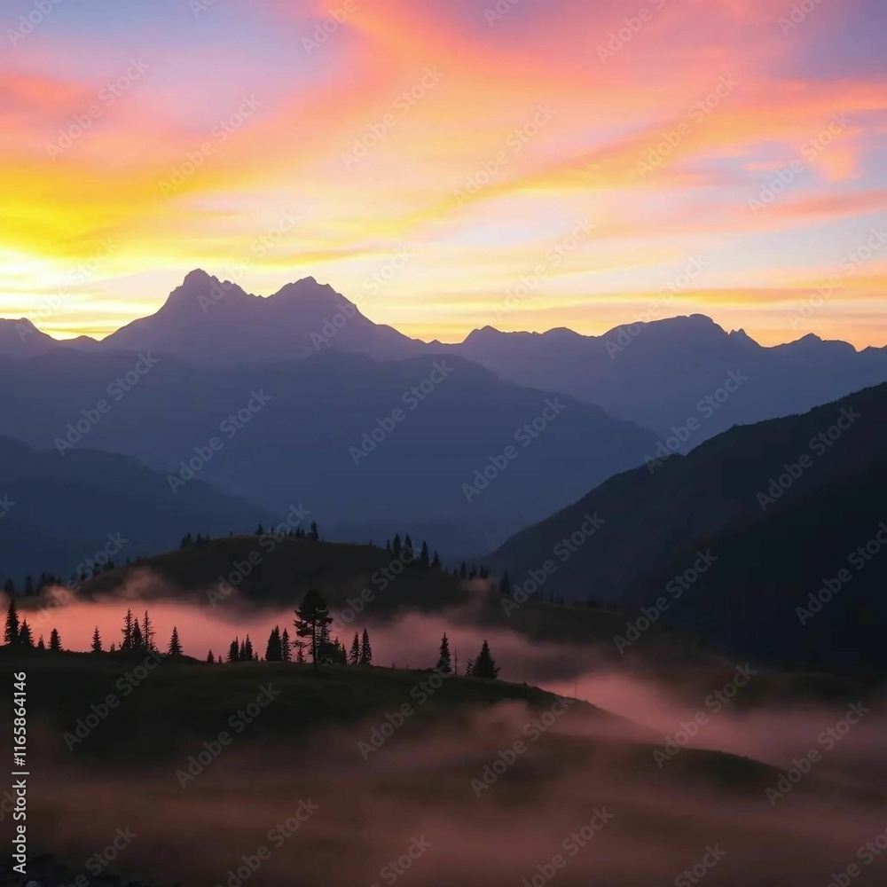 Fototapeta premium A serene mountain landscape at sunrise