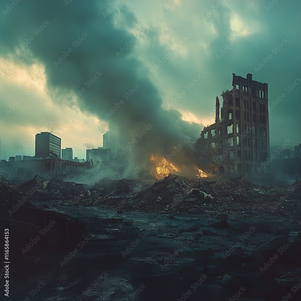 Fototapeta premium Urban Ruins: A Post-Apocalyptic Cityscape