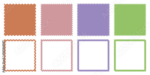 Squiggle frame vector, colorful wavy, zigzag borders, playful design, blank shapes, decorative graphic, white background, creative digital art, abstract template, unique patterns, dynamic layout