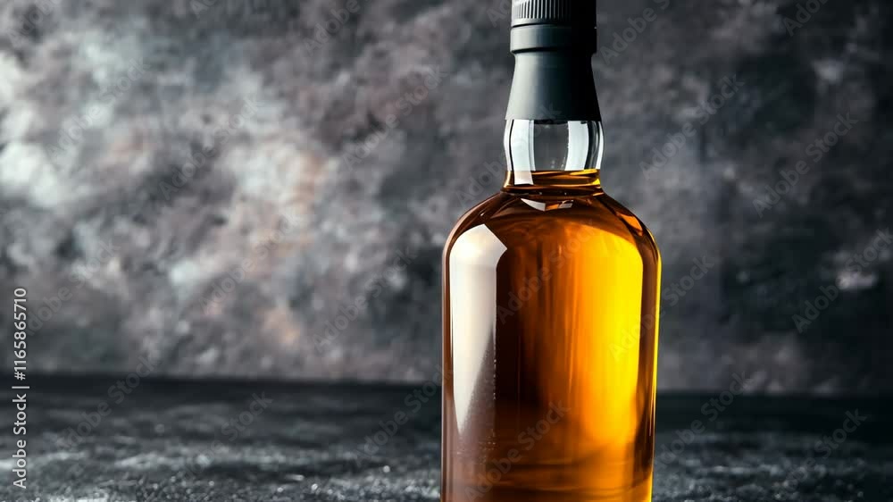 Bottle of amber liquor reflecting light against a textured dark background with a moody ambiance Bottle of amber liquor reflecting light against a textured dark background with a moody ambiance