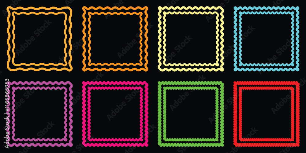 Zigzag edge rectangle frame icon set. Labels and Icons. A group of 8 rectangular symbols with jagged edges. Isolated on a Black background. Zigzag edge rectangle frame icon set. Labels and Icons. A group of 8 rectangular symbols with jagged edges. Isolated on a Black background.
