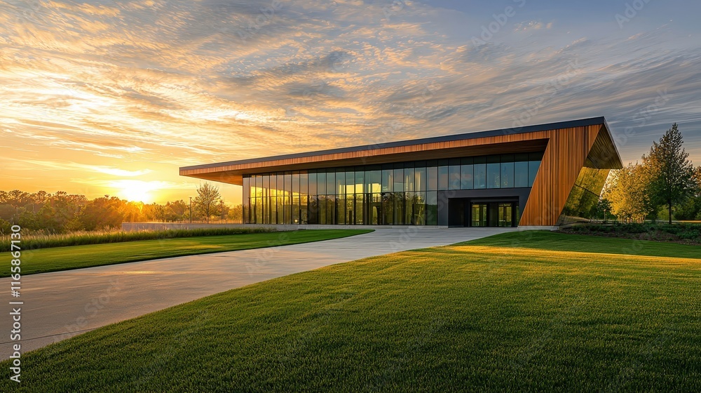 Obraz premium Modern Building with Glass Facade Reflecting a Sunset Sky - Contemporary Architectural Marvel Set Amid Lush Greenery and Tranquil Landscape