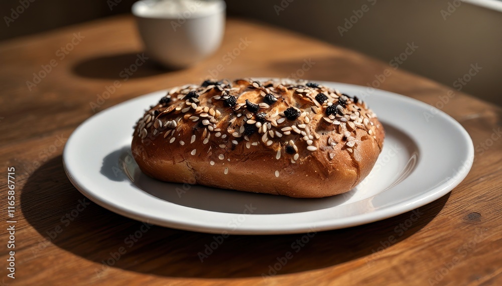 Freshly baked seeded bread loaf on white plate for culinary and baking inspiration Freshly baked seeded bread loaf on white plate for culinary and baking inspiration