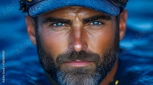 Closeup Portrait Of A Man With Blue Eyes And A Beard