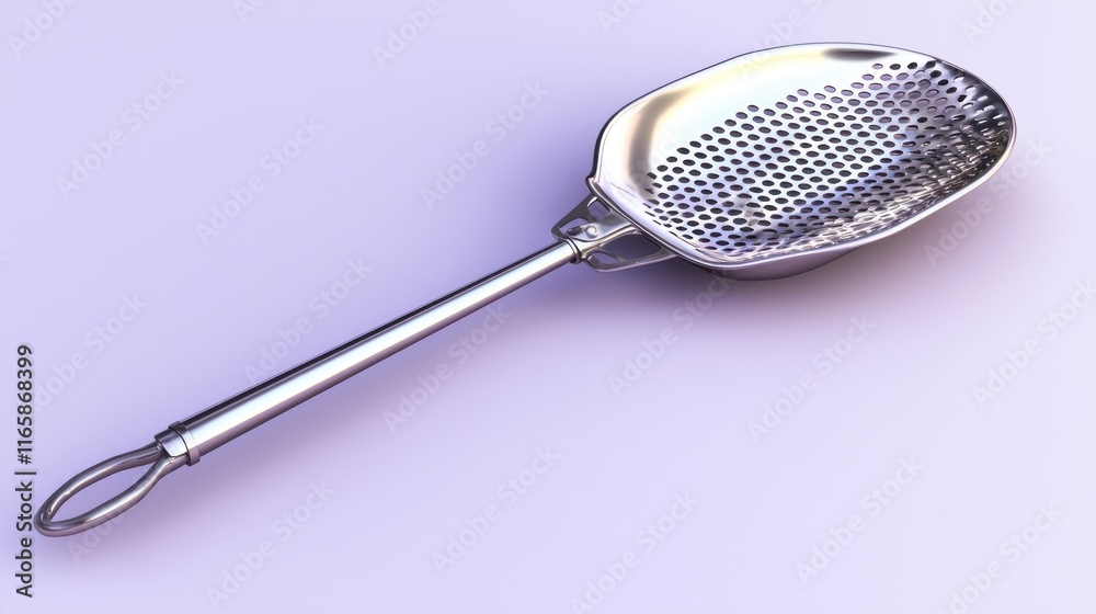 A metallic skimmer with a long handle for cooking and serving. A metallic skimmer with a long handle for cooking and serving.