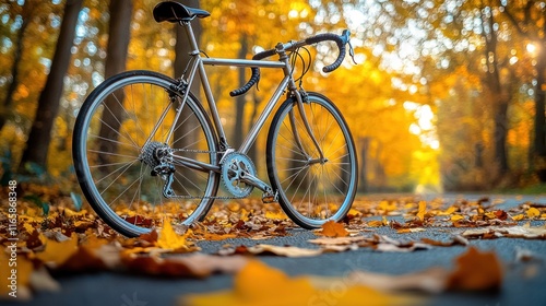 Autumn Bicycle in a park pathway, covered with fallen leaves.