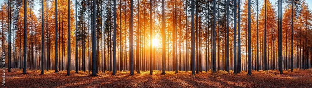 Fototapeta premium Golden Autumn Forest: A dense forest filled with trees whose leaves are bright shades of orange, yellow, and red, carpeting the ground