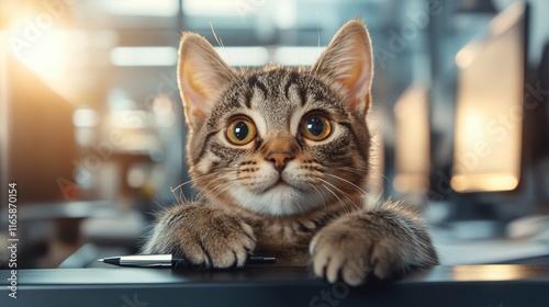 This charming image captures a whiskered cat resting comfortably on a desk amidst papers and a pen, showcasing the charm and coziness of home office moments. photo