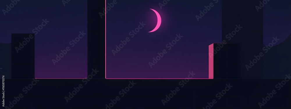 Fototapeta premium A simple, flat vector background of a purple sky at night with a crescent moon and stars
