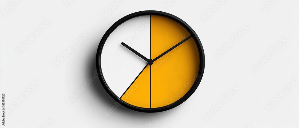 Modern minimalist clock design with half white and half yellow face, black hands and frame, against a clean white background. Perfect for time management, schedule, or business concepts. Modern minimalist clock design with half white and half yellow face, black hands and frame, against a clean white background. Perfect for time management, schedule, or business concepts.