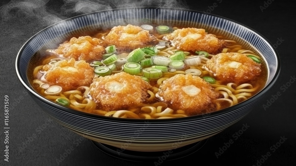 A bowl of steaming noodles topped with crispy fried items and green onions. A bowl of steaming noodles topped with crispy fried items and green onions.