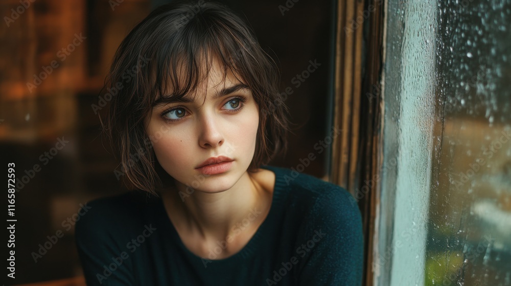 Reflective Young Woman by Rainy Window Reflective Young Woman by Rainy Window
