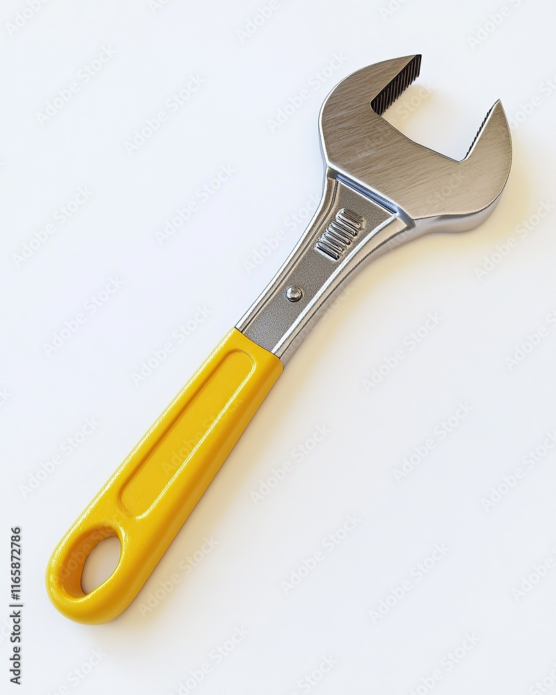 Yellow-handled adjustable wrench isolated on white background; a versatile tool for various DIY projects and professional use. Yellow-handled adjustable wrench isolated on white background; a versatile tool for various DIY projects and professional use.