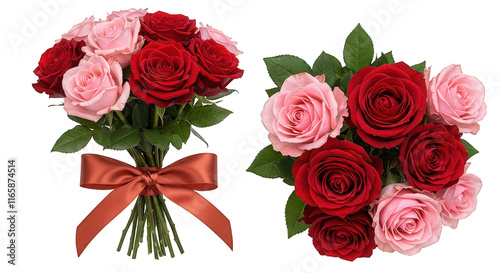 Stunning Rose Bouquet in Red and Pink with Satin Ribbon on Clear Background.